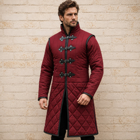 Medieval Long Gambeson with Black Leather Trim | Renaissance Faire, LARP & Halloween Costume