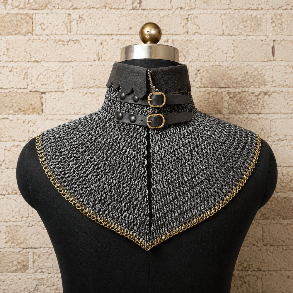 9mm Flat Riveted Chainmail Gorget with Brass Trim – Medieval Chainmail Mantle for Halloween, Cosplay, LARP & Reenactment