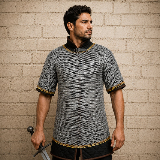 9mm Haubergeon Chainmail Shirt with Brass Trim – Flat Riveted Ring Armor