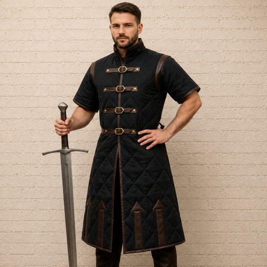 Medieval Gambeson with Brown Leather Trim | Padded Cotton Armor, Half Sleeves & Open Armpit Design