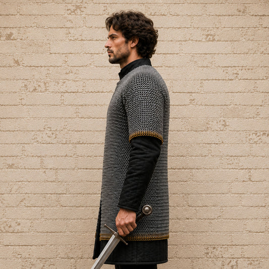 8mm Riveted Chainmail Shirt – Half Sleeve Medieval Haubergeon with Brass Edge