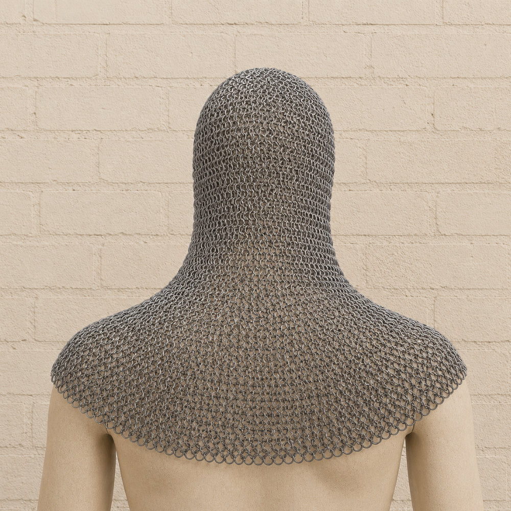 Medieval Chainmail Coif – 9mm Round Riveted Rings with Washer for Reenactment & Costume