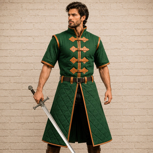Medieval Padded Gambeson – Royal Blue Cotton Armor with Tan Leather Trim, Renaissance Fair Costume