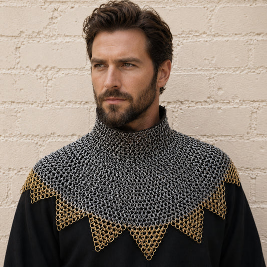 Chainmail Gorget Collar with Zig-Zag Brass Edges – 9mm Flat Riveted Rings
