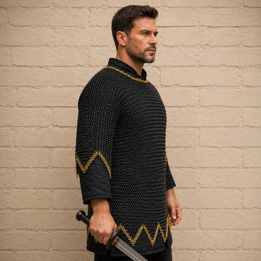 Blackened Chainmail Shirt – 9MM Flat Riveted Armor with Brass Zigzag Border