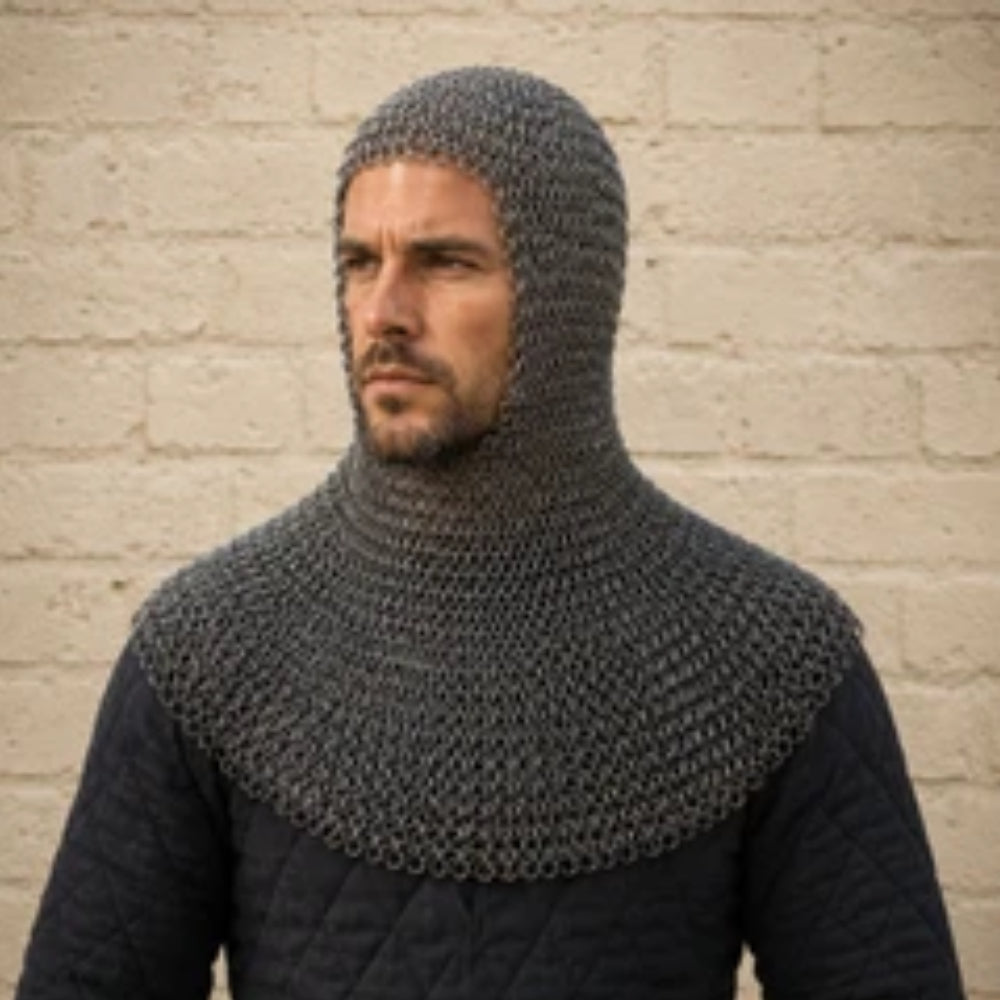 Blackened Chainmail Shirt – 9MM Flat Riveted Armor with Brass Zigzag Border