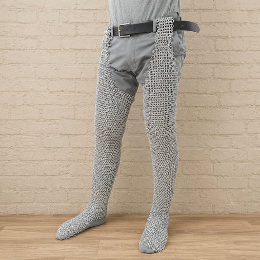 9mm Riveted Aluminum Chainmail Chausses – Flat Ring Medieval Leg Armor for LARP & Reenactment
