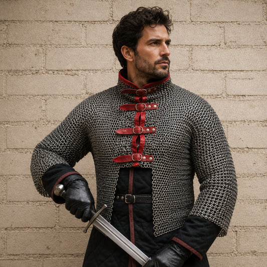 Chainmail Half Hauberk – 9MM Flat Riveted Rings with Leather Trim
