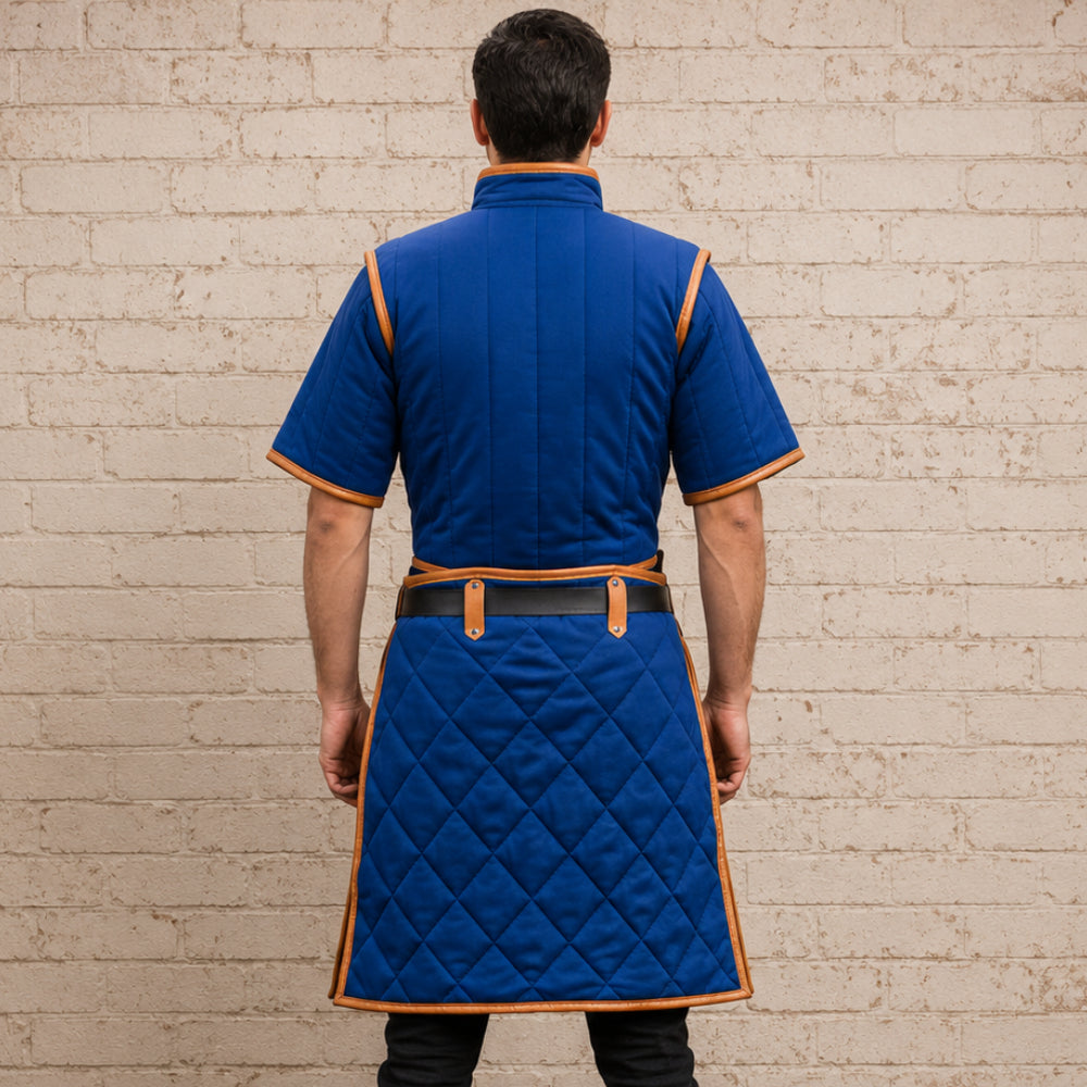 Medieval Padded Gambeson – Royal Blue Cotton Armor with Tan Leather Trim, Renaissance Fair Costume