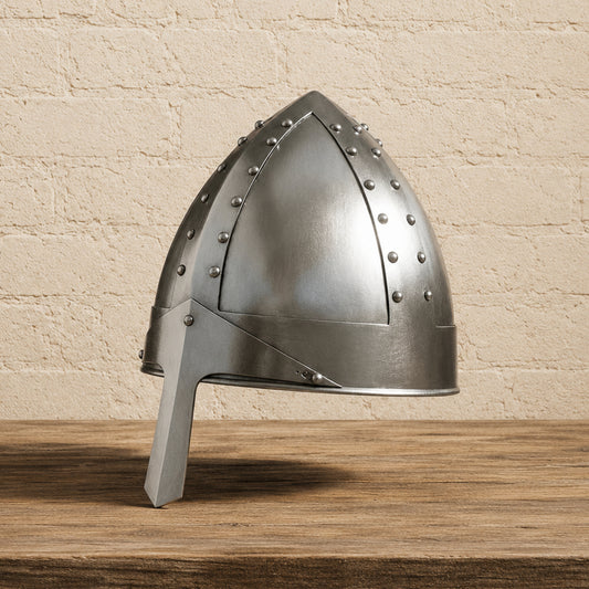 Medieval Norman Warrior Helmet with Nasal Guard and Wooden Display Stand