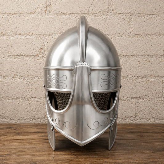 Medieval Knights Templar Barbuta Helmet with Visor and Wooden Display Stand