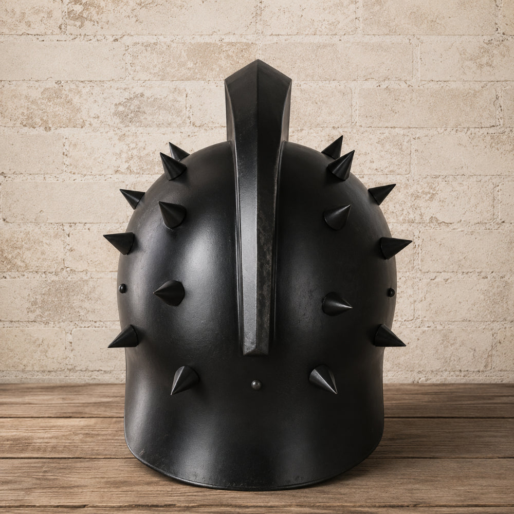 Black Spartan Gladiator Helmet with Wooden Display Stand