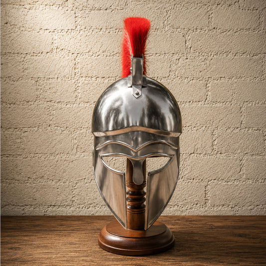 Greek Corinthian Helmet with Silver Finish & Red Plume – Ancient Warrior Display Armor