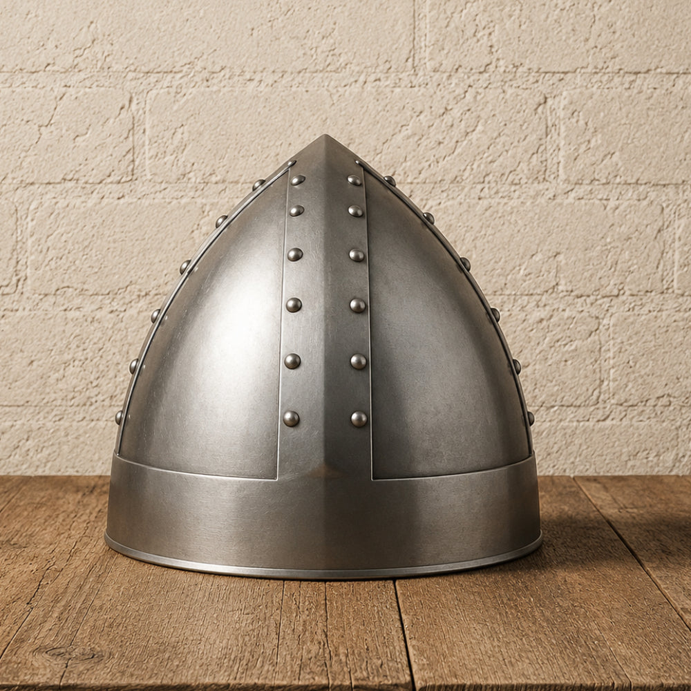 Medieval Norman Warrior Helmet with Nasal Guard and Wooden Display Stand