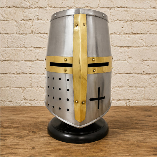Medieval Templar Crusader Helmet with Complimentary Wooden Display Stand