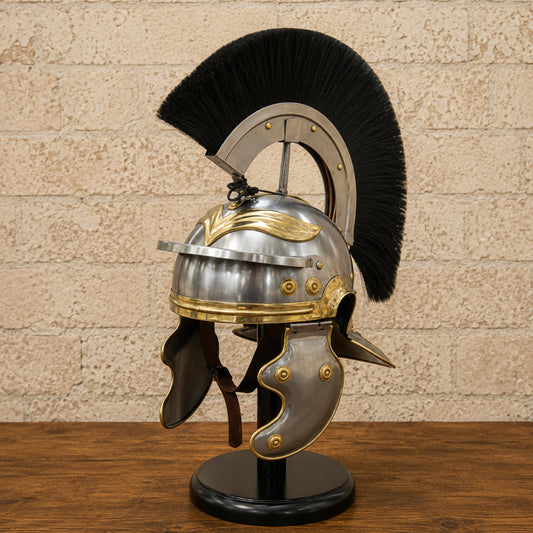 Roman Gladiator Helmet with Black Plume & Wooden Display Stand