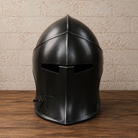 Black Medieval Barbute Helmet – Wearable Knight Armor with Wooden Display Stand