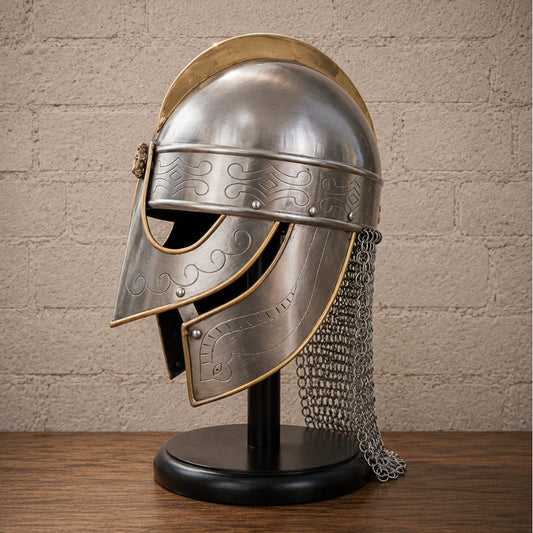 Viking Chainmail Helmet with Wooden Display Stand – Medieval Norse Warrior Armor Replica