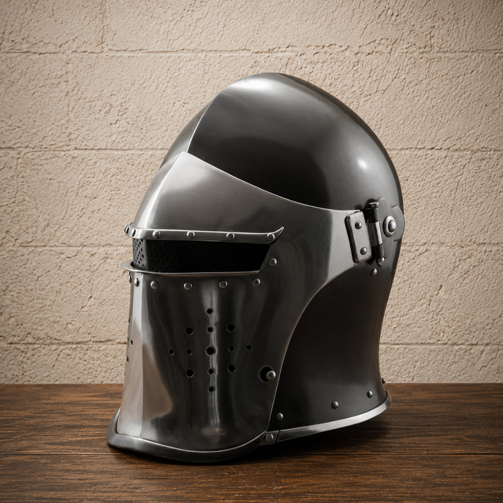 Medieval Barbuta Helmet with Inner Leather Liner & Wooden Display Stand