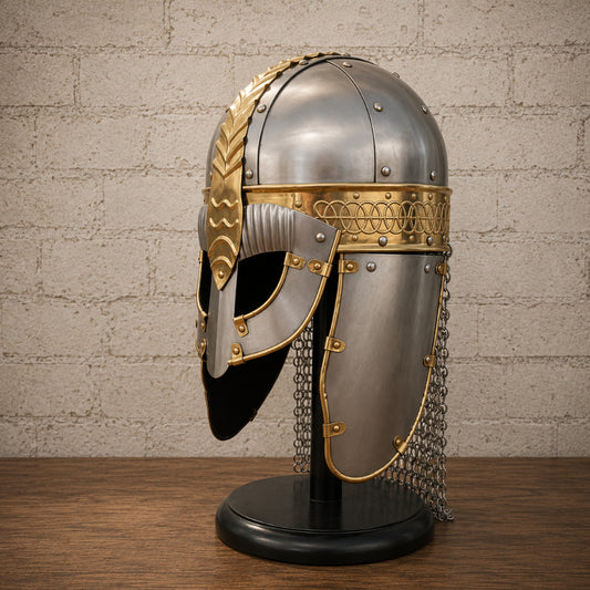 Viking Gjermundbu Helmet with Wooden Display Stand – Authentic Norse Warrior Armor Replica, Medieval Knight Collectible