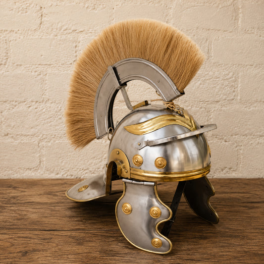 Roman Centurion Helmet with Brown Plume & Wooden Display Stand