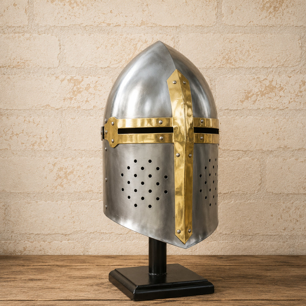 Medieval Sugarloaf Knight Helmet – Steel & Brass Crusader Armor Helmet with Display Stand