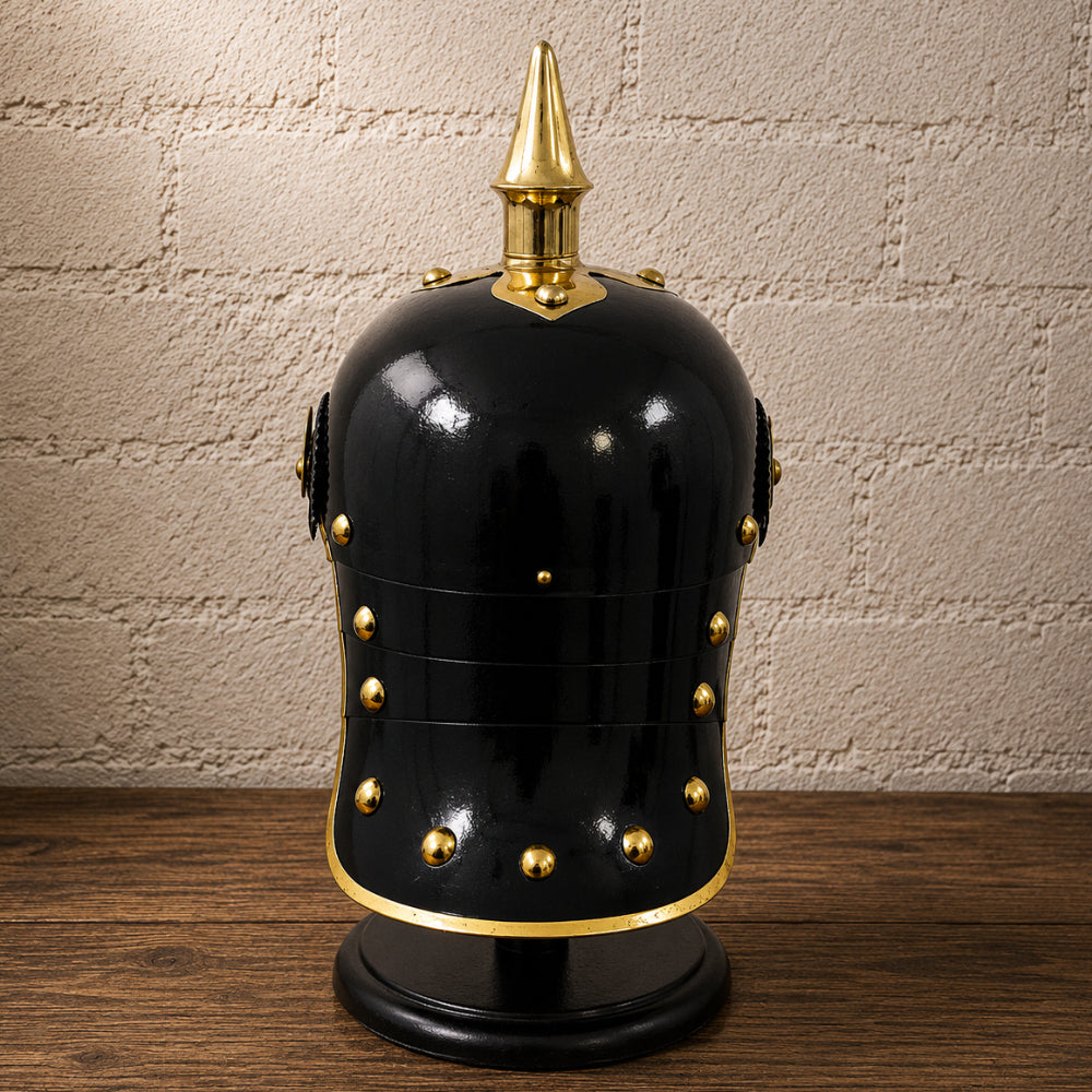 German Pickelhaube Black Officer Helmet with Wooden Display Stand