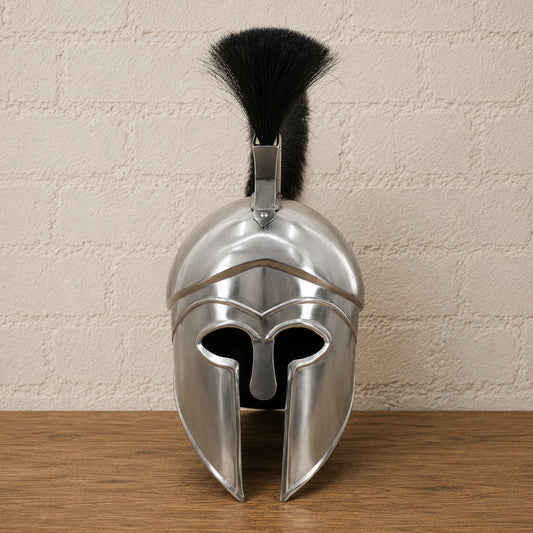 Greek Warrior Helmet with Black Plume & Wooden Display Stand