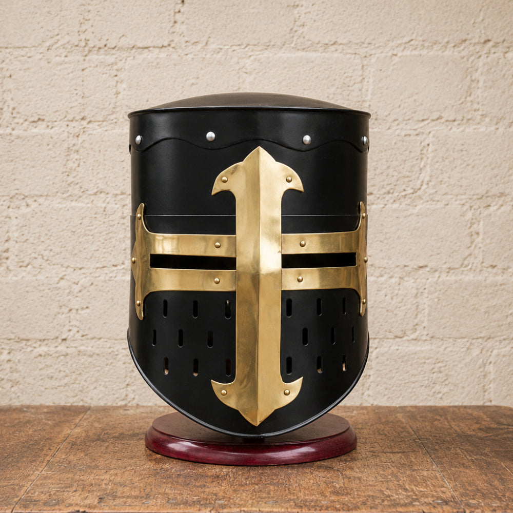Medieval Crusader Helmet with Wooden Display Stand – Black Knight Armor