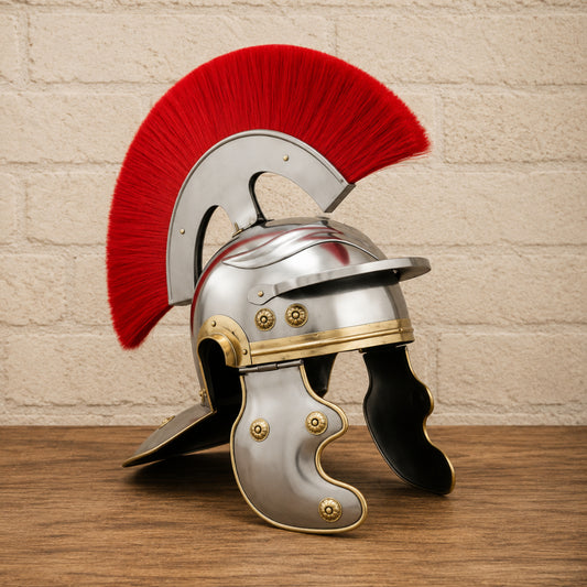 Roman Centurion Helmet with Red Plume – Ancient Roman Warrior Armor with Wooden Display Stand