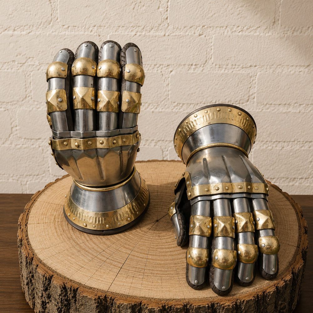 Medieval Knight Gauntlets – Steel Armor Gloves with Brass Accents