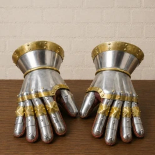 16 Gauge Steel Gauntlets – Knight Armor with Brass Accents for LARP & Cosplay