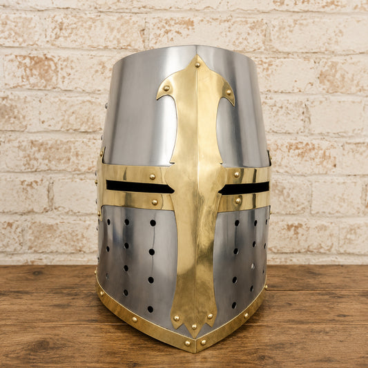 Medieval Brass Templar Crusader Helmet with Wooden Display Stand – Decorative Collectible Gift