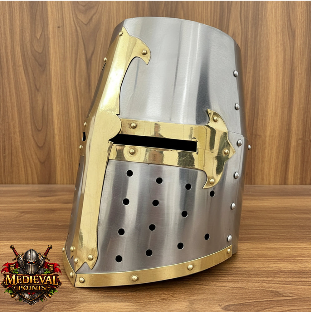 Crusader Helmet Brass Trim – Knights Templar Helmet Practice Armor for Reenactment & Cosplay