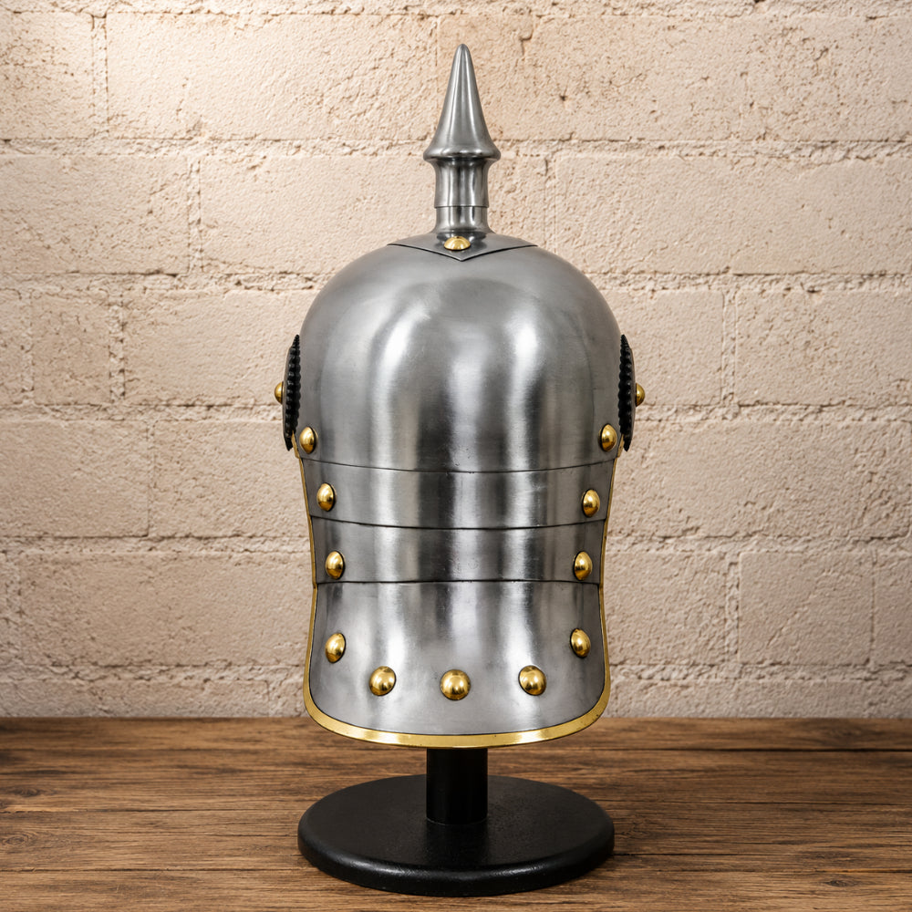 German Pickelhaube Helmet with Wooden Display Stand – Historic Military Replica