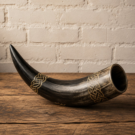 Authentic Black Viking Mead Horn – Hand-Engraved Celtic Design