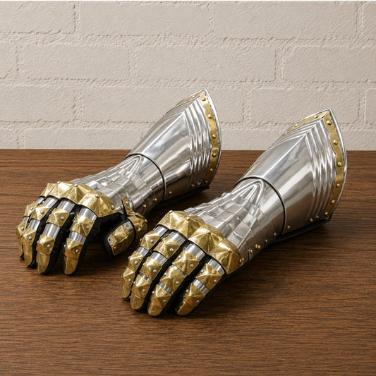 Medieval Steel Gauntlets – 16 Gauge Armor with Brass Accents & Leather Gloves