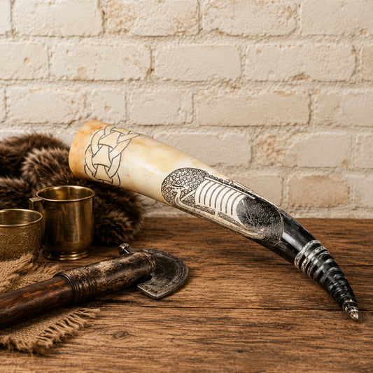 Handcrafted Viking Drinking Horn with Intricate Norse Engravings