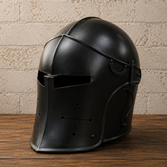 Medieval Black Barbute Helmet with Cross Ventilation – Wearable Knight Armor Replica