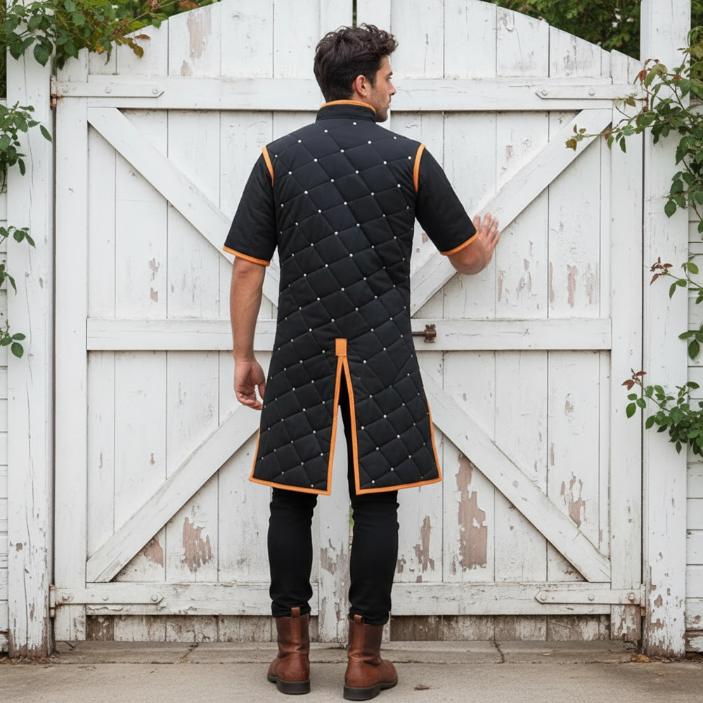 Medieval Gambeson With Brown Leather Trim: Ren faire Costume