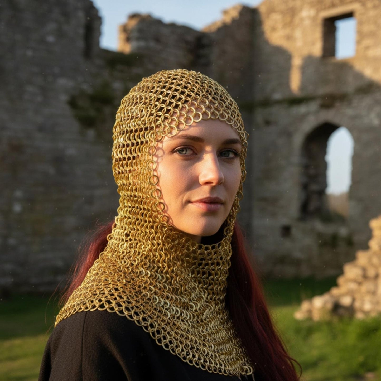Ren Faire Brass Chainmail Coif – 9mm Flat Riveted with Washer