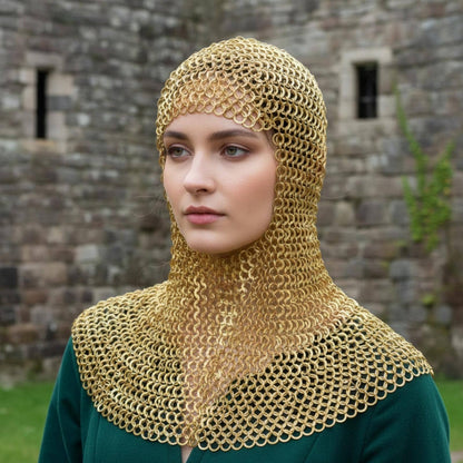 Ren Faire Brass Chainmail Coif – 9mm Flat Riveted with Washer