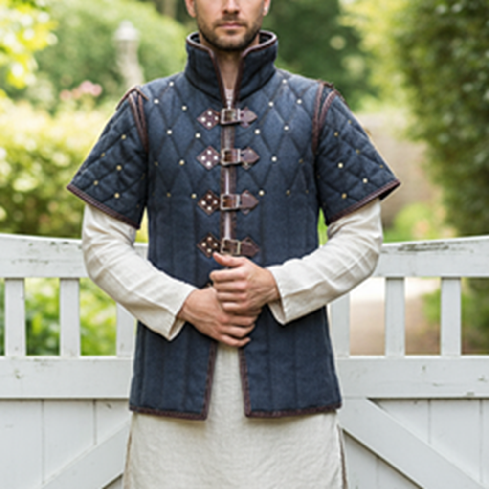 Quilted Gambeson with Brown Leather Trim: Renfaire Gabonese