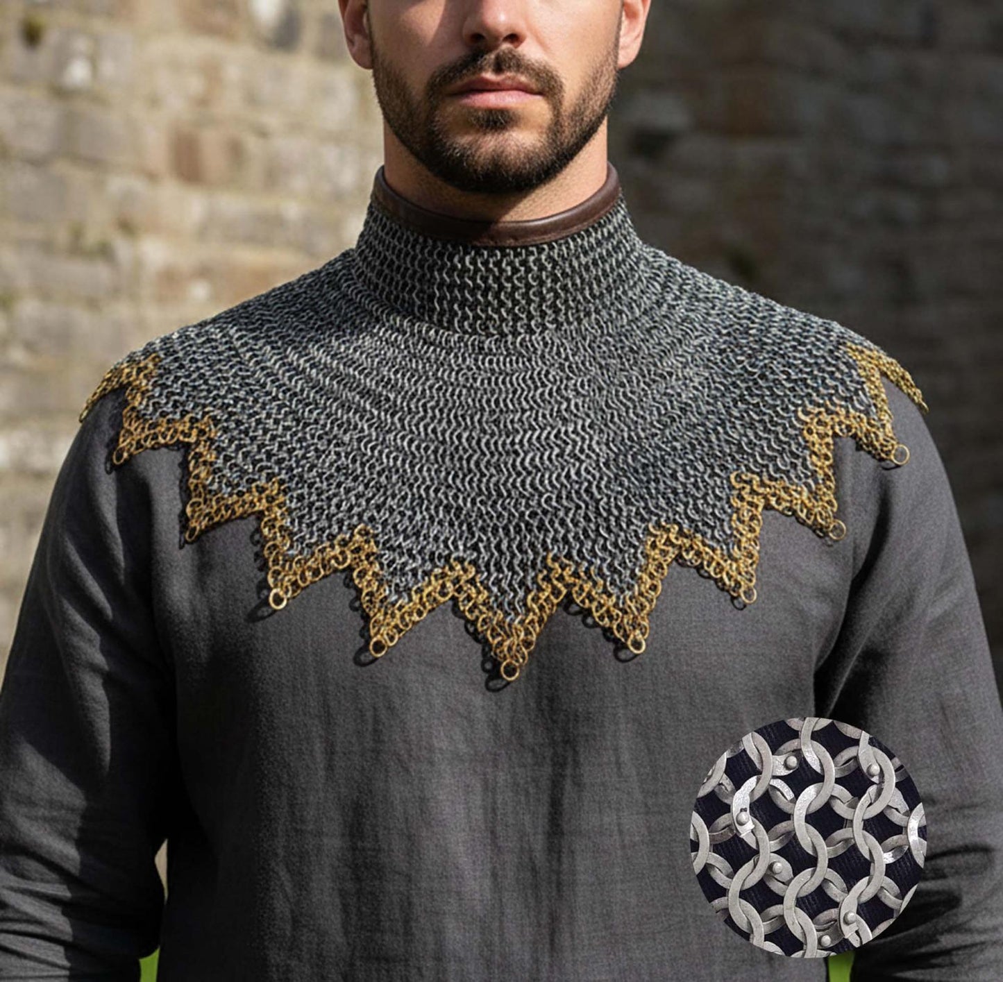 Renaissance Chainmail Collar- Flat Riveted And Washers with 3 Brass Rows
