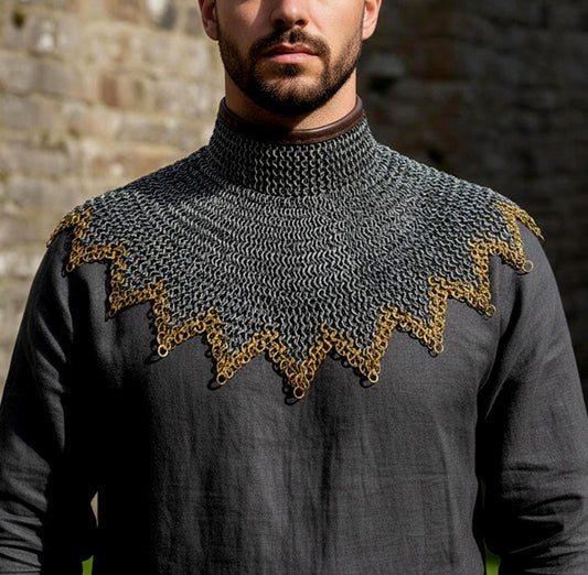 Renaissance Chainmail Collar- Flat Riveted And Washers with 3 Brass Rows