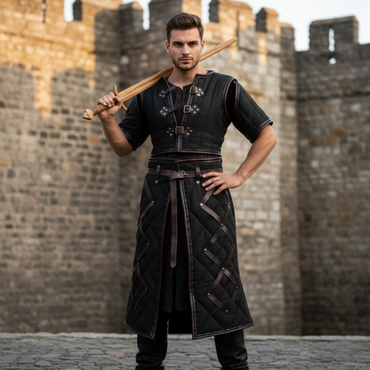 Medieval Gambeson Costume : Brown Leather Trim, Ren faire Armour for event