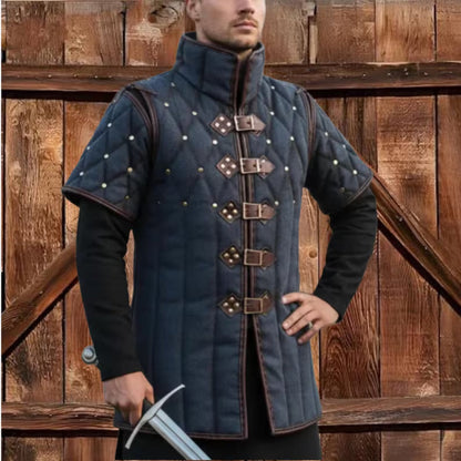 Quilted Gambeson with Brown Leather Trim: Renfaire Gabonese