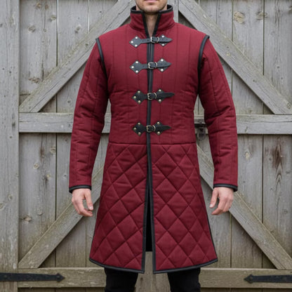 Medieval Long Gambeson with Black Leather Trim – Renfaire & LARP Halloween Costume
