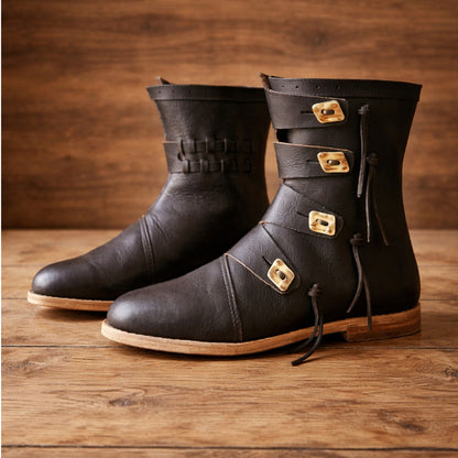 Viking Leather Ankle Boots - Medieval Renaissance Shoes, Handmade LARP Footwear