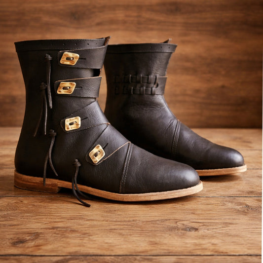 Viking Leather Ankle Boots - Medieval Renaissance Shoes, Handmade LARP Footwear